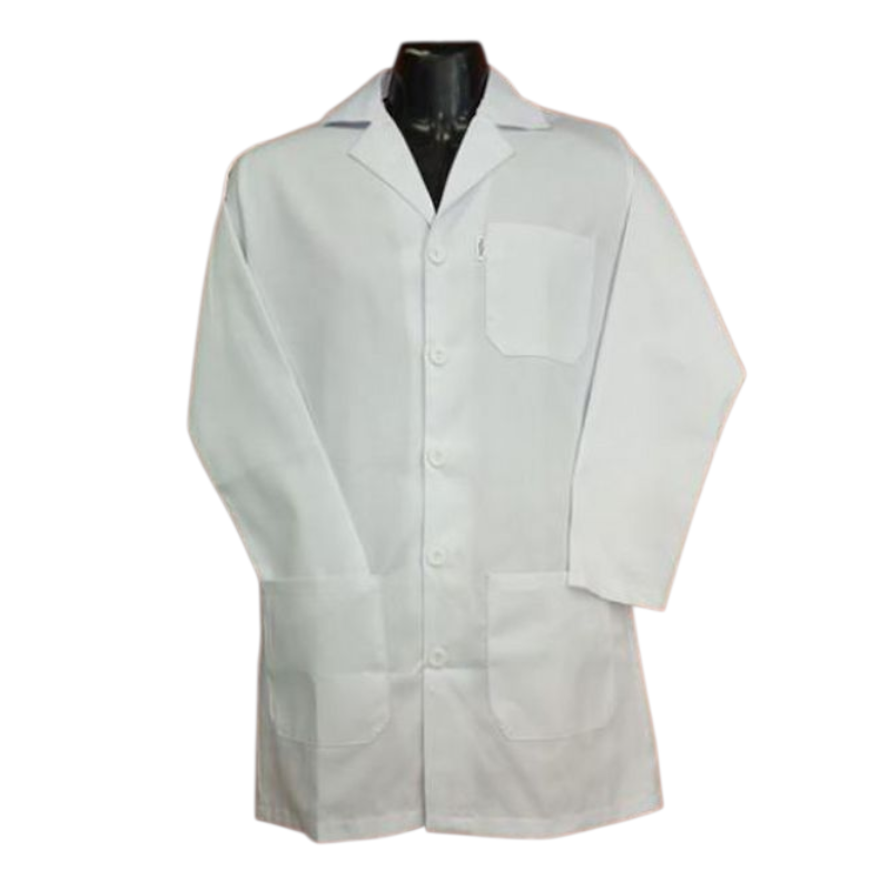 Lab coats. Classic Design: A traditional cut with a collar and front button closure.  Pockets: Features a chest pocket, often with a pen slot, and two large front pockets at the hem. 