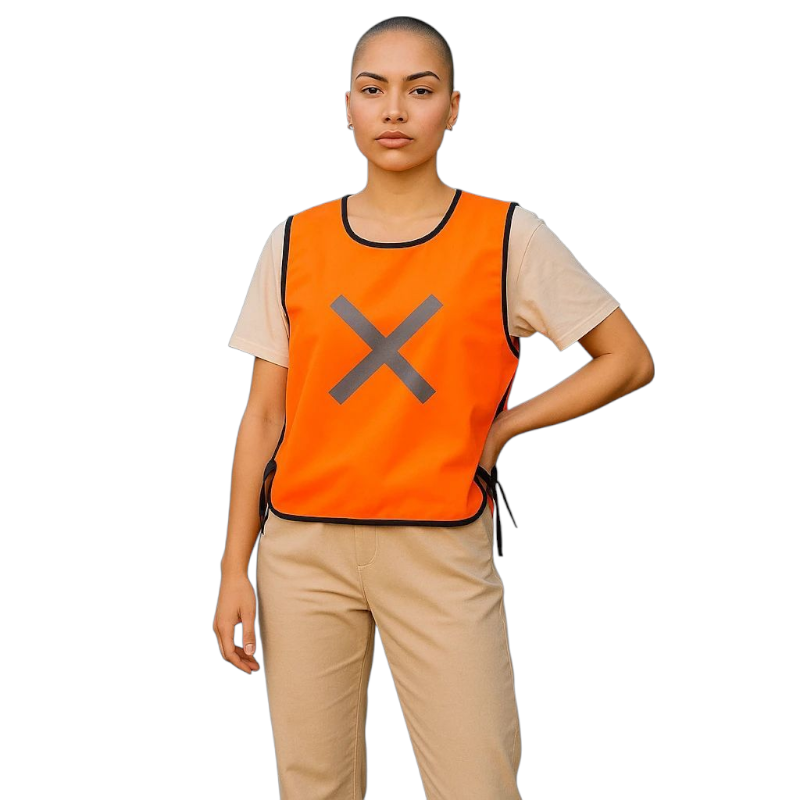 Safety reflective bip. Orange and Lime. Made from a lightweight, high-visibility mesh, typically polyester fabric, with an outer black lining.  Designed to provide high visibility and enhance safety in various work environments, especially in low-light conditions.