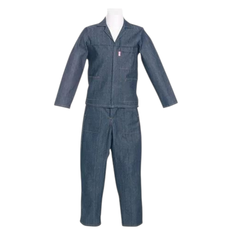 Navy Denim Conti-Suit. YKK concealed brass zip on jackets and pants. Jacket pockets, breast pocket , hip pocket and a back hip pocket