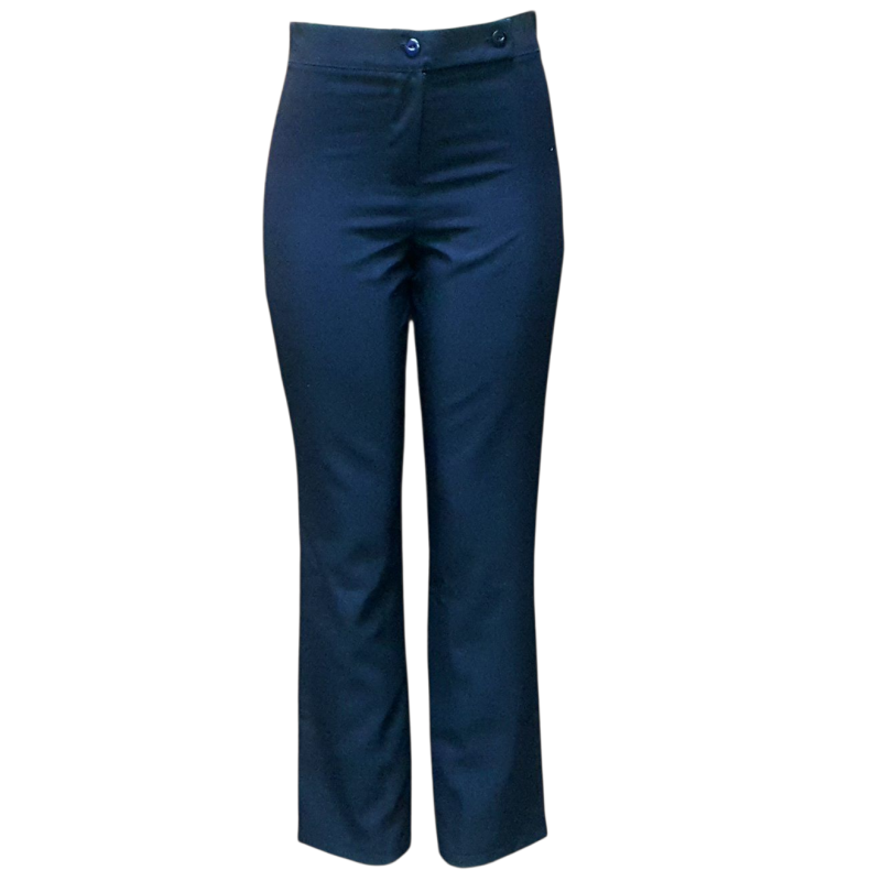A pair of school navy pants featuring a flat front, button and zipper closure, and a slightly flared or straight leg cut.