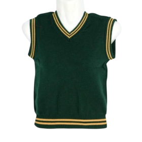School pull-overs green. It features a V-neck collar and armholes, both accented with  stripes.